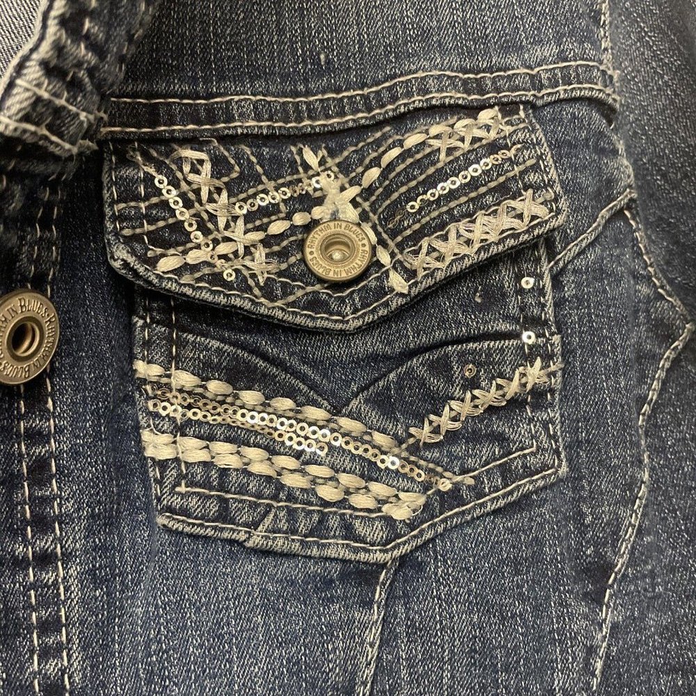 Rhythm in Blues Womens Medium Button Up Jean Jacket Blue Embroidered - Picture 3 of 11